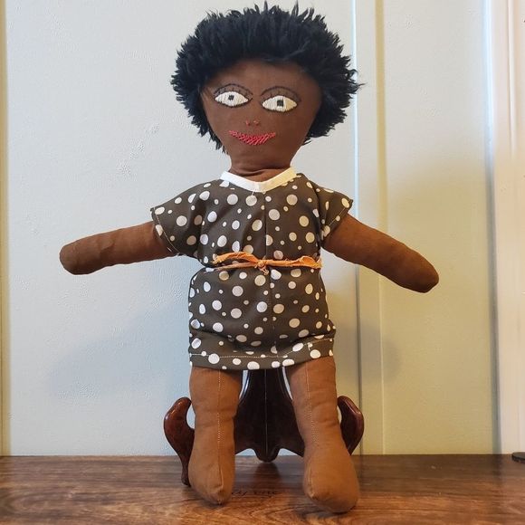 Hand Made Plush Doll with Boho Retro Brown Polka-dot Outfit - Picture 1 of 4